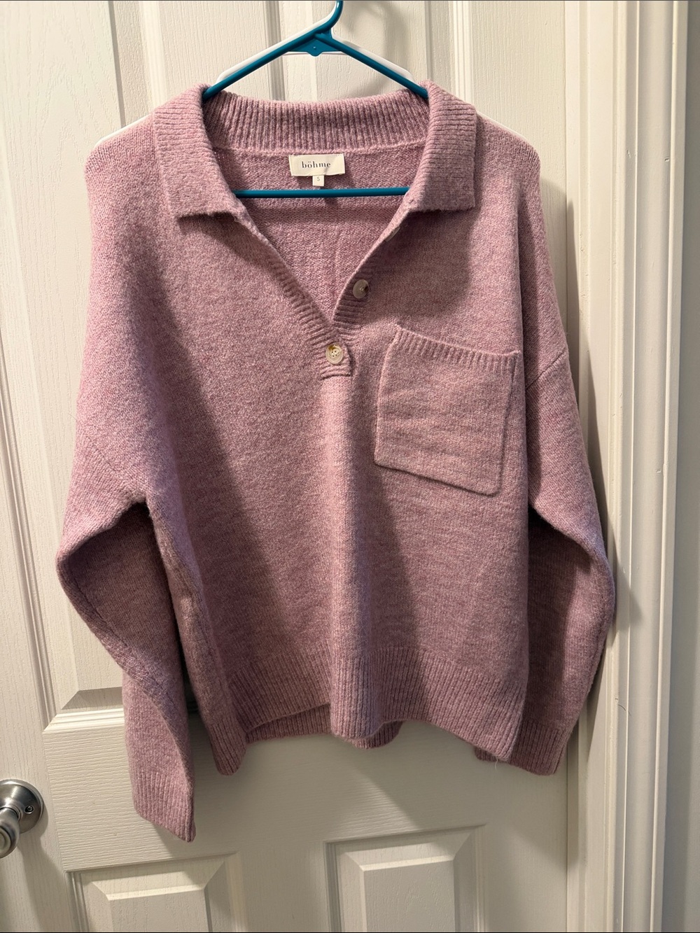 bohme Dusty Mauve V-Neck Polo Pocket Sweater
